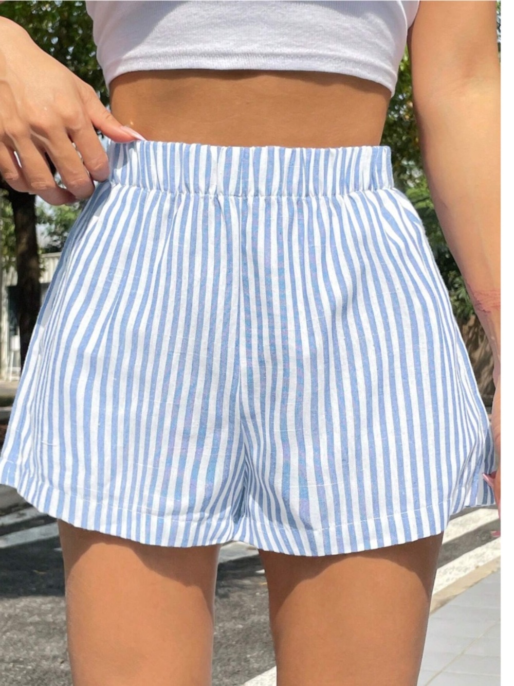 Striped Blue White Shorts Elastic Waist - Picture 3 of 8